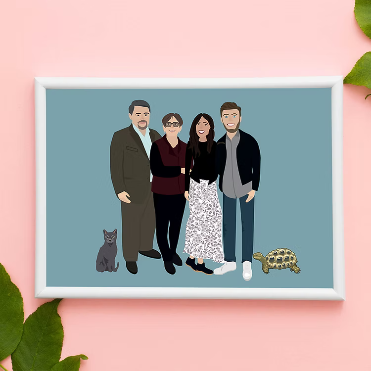 Custom family portrait illustration with cat and tortoise, CostanzaToniniDesign style