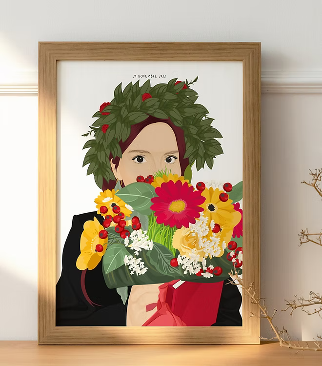 Framed CostanzaToniniDesign illustration of woman with laurel wreath and colorful bouquet