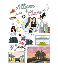 Custom illustrated collage of two women hugging, surrounded by playful doodles, travel, and city icons