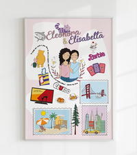 Personalized illustrated poster with two women, travel icons, and playful graphics, CostanzaToniniDesign