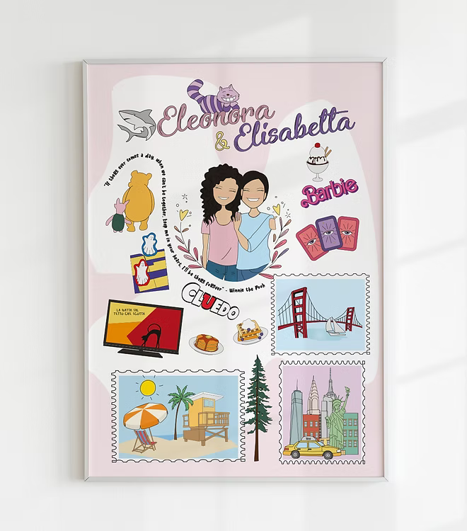 Personalized illustrated poster with two women, travel icons, and playful graphics, CostanzaToniniDesign