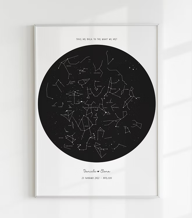 A personalized, hand-drawn star map print. The print features a detailed constellation map on a black background, showing the stars exactly as they appeared on a specific date and location. This is an ideal personalized anniversary gift, unique wedding present, or romantic engagement keepsake for home wall art.