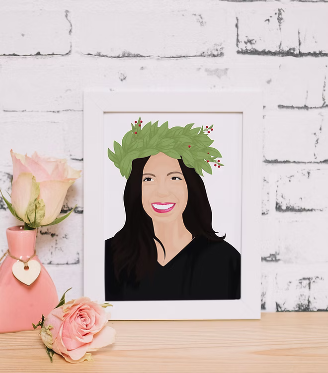 Framed illustrated portrait of a smiling woman with laurel wreath, CostanzaToniniDesign art