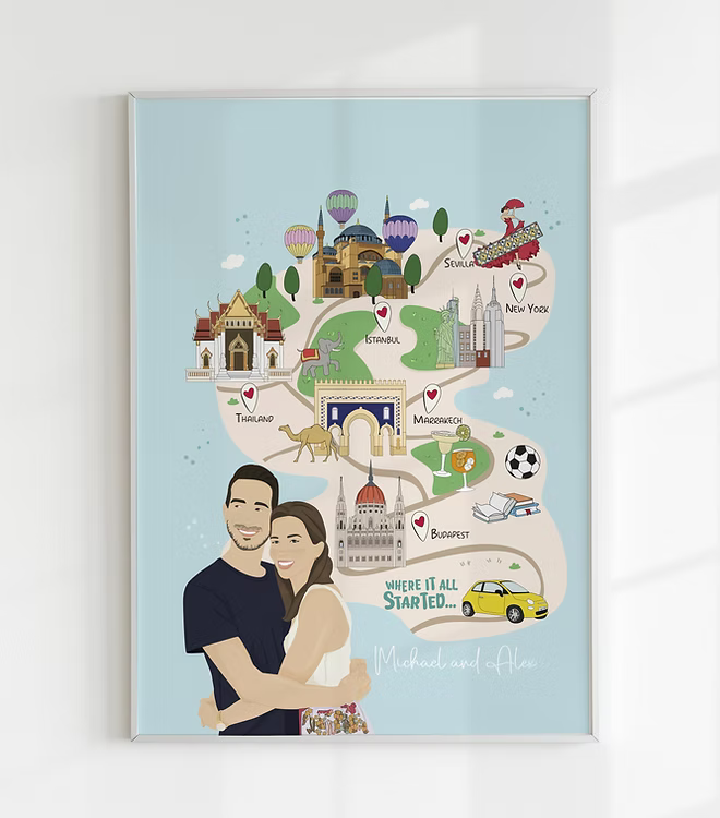 Illustrazione personalizzata mappa storia d'amore con momenti speciali e viaggi insieme