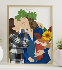 Personalized graduation illustration with two women embracing, floral bouquet, CostanzaToniniDesign