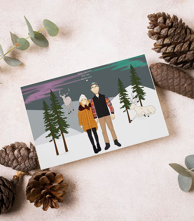 Custom illustrated Christmas card with couple in winter forest, pinecones, and fir branches, CostanzaToniniDesign