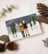 Custom illustrated Christmas card with couple in winter forest, pinecones, and fir branches, CostanzaToniniDesign