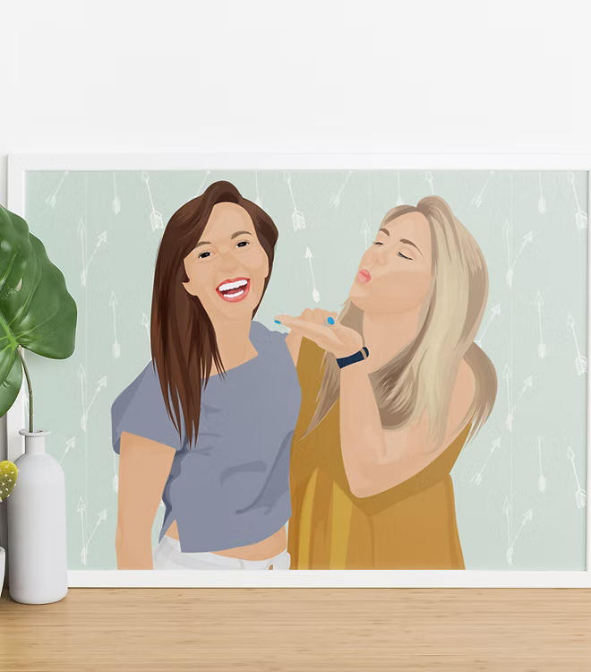 CostanzaToniniDesign custom friends portrait illustration in frame on wooden table with plant