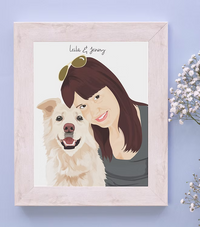 Framed custom pet and owner portrait illustration by CostanzaToniniDesign on pastel wall