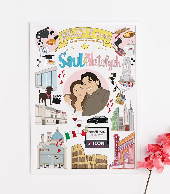 Custom illustrated couple portrait with travel, city, and personal icons by CostanzaToniniDesign