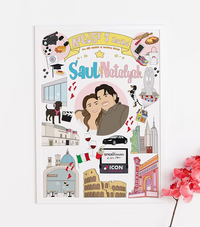 Custom illustrated couple portrait with travel, city, and personal icons by CostanzaToniniDesign