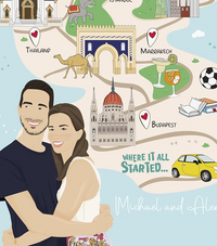 Illustrated couple hugging with travel-themed landmarks, CostanzaToniniDesign style