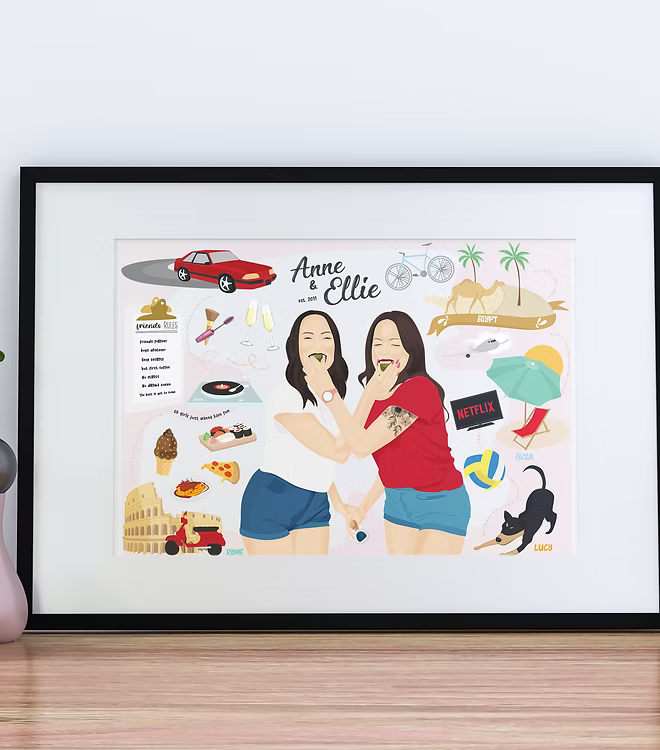 Framed illustration of two women laughing, surrounded by travel, food, and friendship icons.