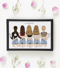 Framed CostanzaToniniDesign art print of five women hugging, wearing shorts, with floral decor.