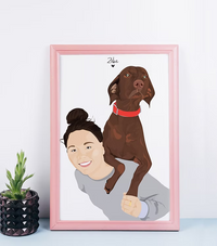 Custom illustrated portrait of a woman with a brown dog in pink frame, CostanzaToniniDesign