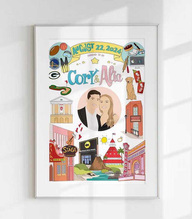 Custom illustrated couple portrait with personal icons, framed wall art by CostanzaToniniDesign