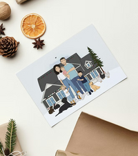 Custom family portrait illustration by CostanzaToniniDesign with pets outside a house