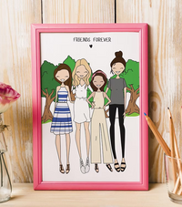 CostanzaToniniDesign framed illustration of four smiling friends under trees with 'Friends Forever' text