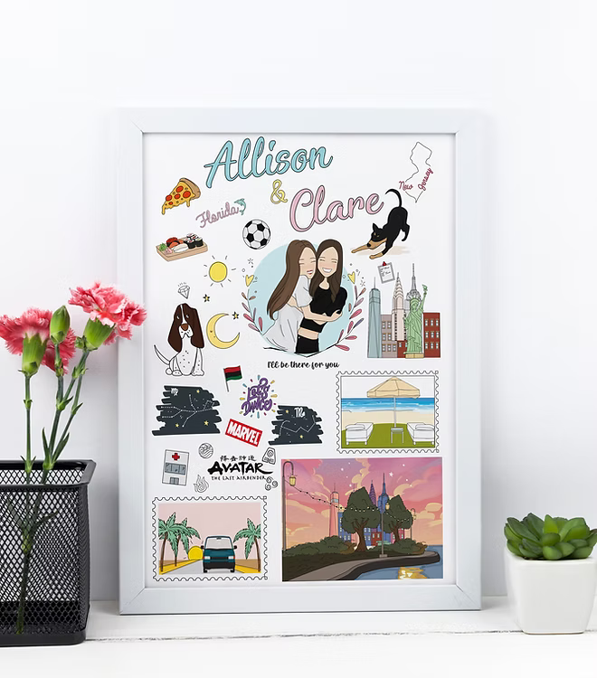 Custom illustrated friendship print in white frame with colorful icons, florals, and two women, CostanzaToniniDesign style