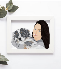 Custom illustrated portrait of woman with dog in white frame, CostanzaToniniDesign art