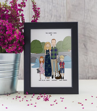 Personalized cartoon family portrait in black frame, tabletop decor by CostanzaToniniDesign