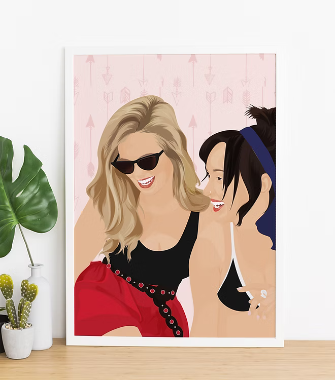 CostanzaToniniDesign modern art print of two women laughing, with pink arrow background