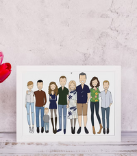 Personalized cartoon family portrait in white frame, CostanzaToniniDesign, on wooden table