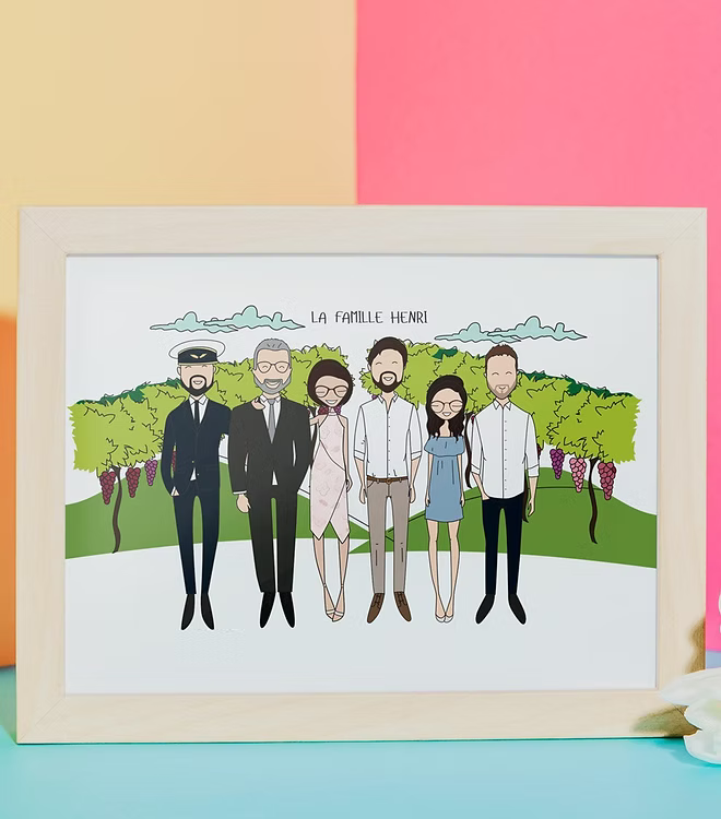 Custom illustrated family portrait with six people in vineyard, CostanzaToniniDesign artwork.