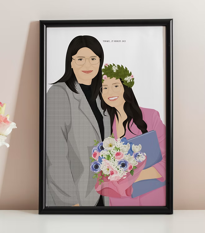 Framed custom portrait illustration of two women, one with flowers and laurel crown, CostanzaToniniDesign