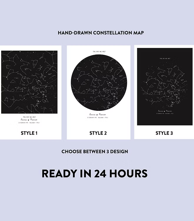 A personalized, hand-drawn star map print. The print features a detailed constellation map on a black background, showing the stars exactly as they appeared on a specific date and location. This is an ideal personalized anniversary gift, unique wedding present, or romantic engagement keepsake for home wall art.
