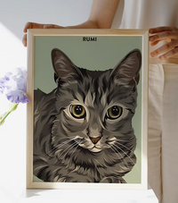 Custom cat portrait print in wooden frame by CostanzaToniniDesign, shown with hands holding it