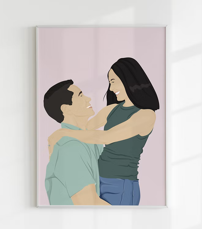 Minimalist couple portrait wall art by CostanzaToniniDesign, man lifting woman, pink background