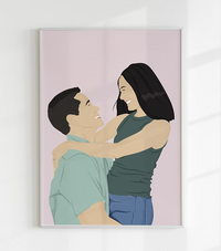 Minimalist couple portrait wall art by CostanzaToniniDesign, man lifting woman, pink background