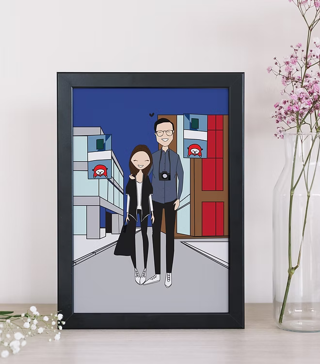 Framed CostanzaToniniDesign custom cartoon couple portrait, city background, modern decor
