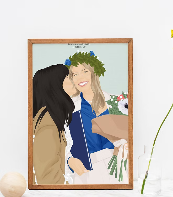 Illustrated graduation portrait of two women, one with a laurel crown and bouquet, in wooden frame