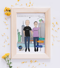 CostanzaToniniDesign framed cartoon travel art with two people, city skyline, and travel signs