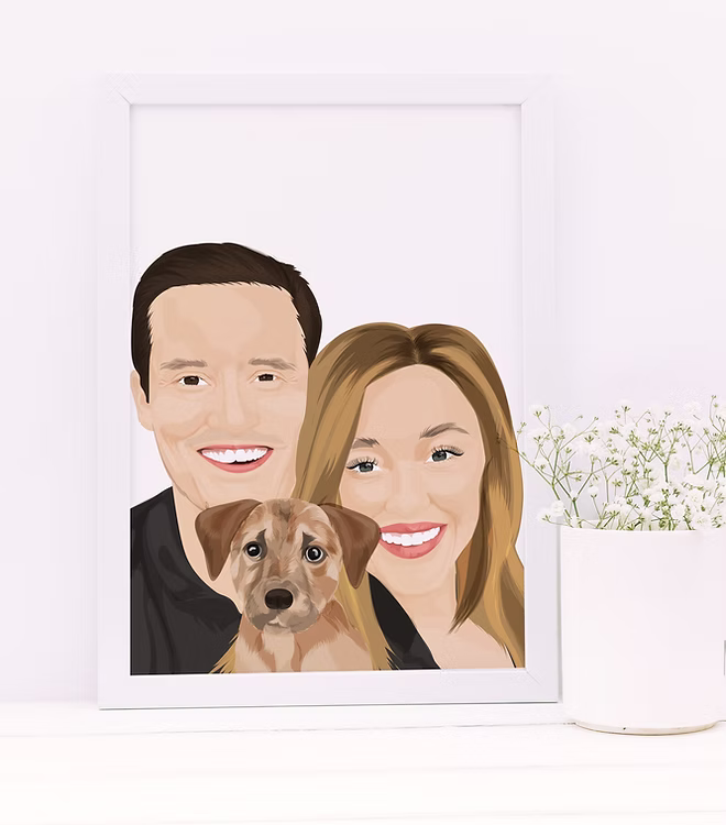 Custom illustrated portrait of a smiling couple and dog in white frame, CostanzaToniniDesign