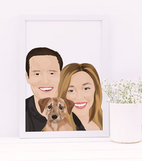 Custom illustrated portrait of a smiling couple and dog in white frame, CostanzaToniniDesign