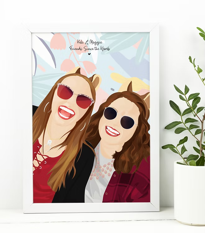 Custom illustrated friends portrait in white frame, CostanzaToniniDesign art, cheerful decor