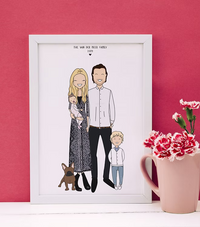 Custom illustrated family portrait in white frame, CostanzaToniniDesign, pink background, flowers
