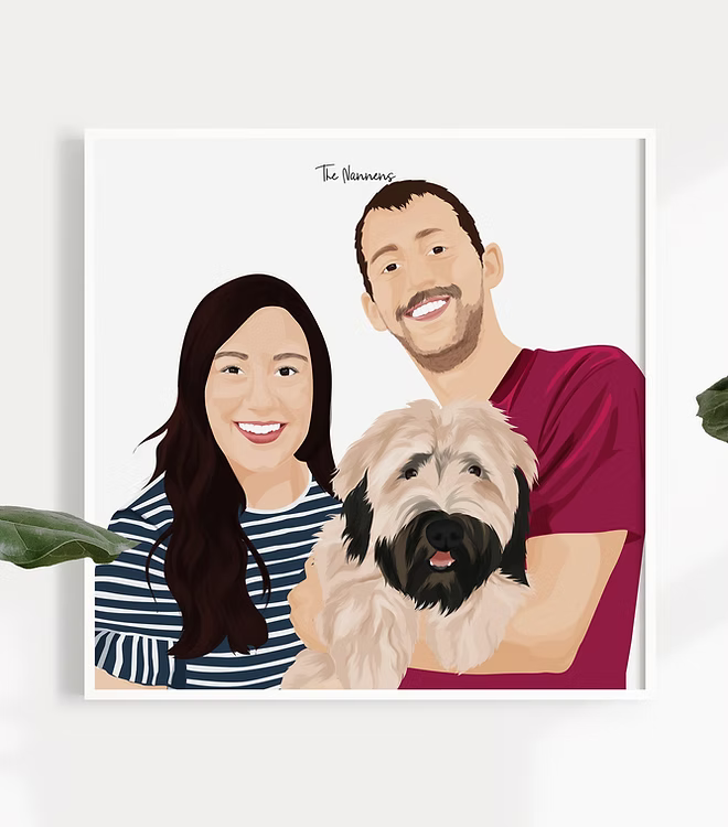 Custom family portrait illustration with couple and dog, CostanzaToniniDesign artwork
