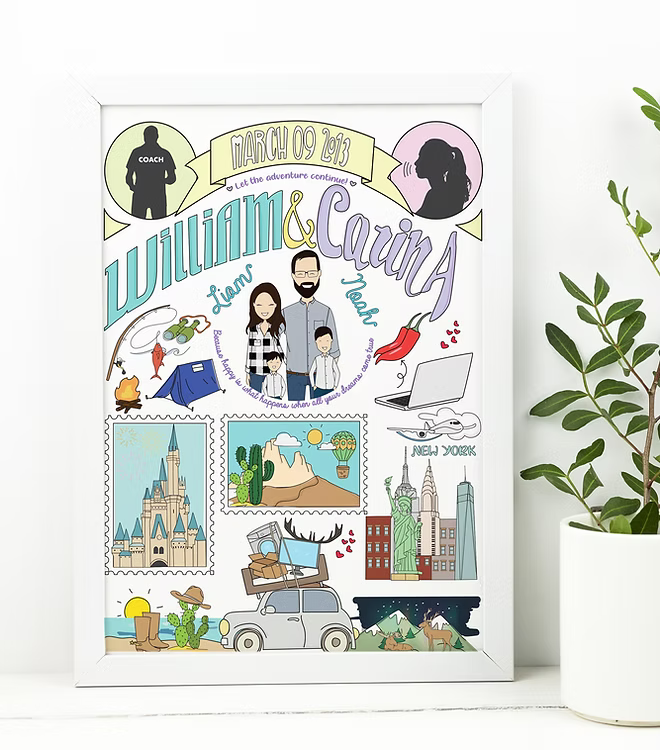Custom illustrated family portrait print with travel and adventure icons in white frame, CostanzaToniniDesign.