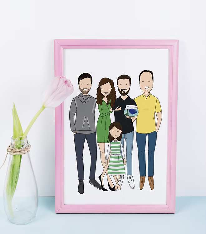 Custom cartoon family portrait in pink frame, Costanza Tonini Design, beside a tulip vase