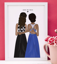 Framed CostanzaToniniDesign art of two women in formal dresses embracing, floral decor