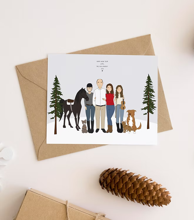 Custom illustrated family holiday card with pets, trees, and CostanzaToniniDesign branding