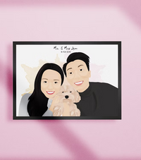 Custom illustrated family portrait with couple and dog in black frame on pink background