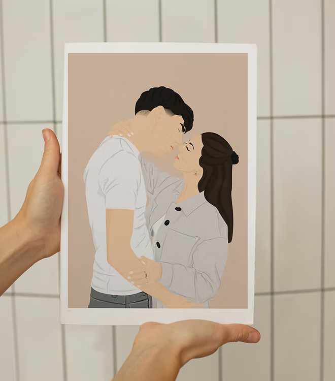 Hands holding CostanzaToniniDesign custom couple illustration print