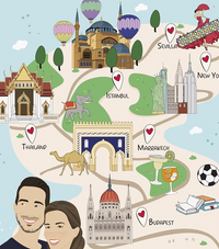 Illustrated world map with landmarks from Thailand, Istanbul, Marrakech, Sevilla, Budapest, New York and cartoon couple, CostanzaToniniDesign style.