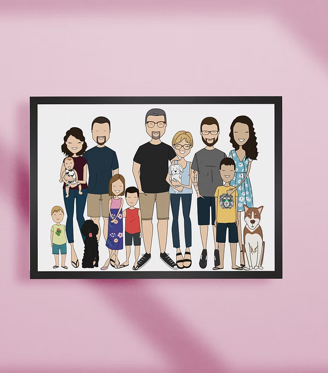 Custom illustrated family portrait print by CostanzaToniniDesign on pink background