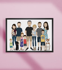 Custom illustrated family portrait print by CostanzaToniniDesign on pink background